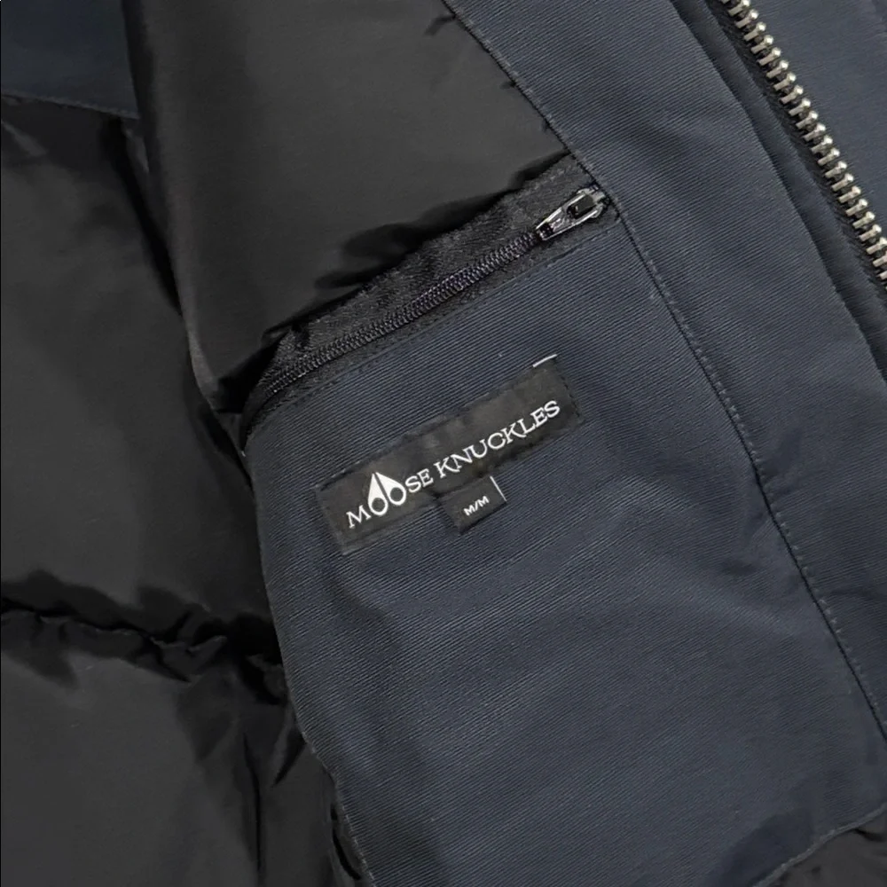 Moose Knuckles Shearling Trim Navy Blue Winter Parka Men’s Medium Authentic